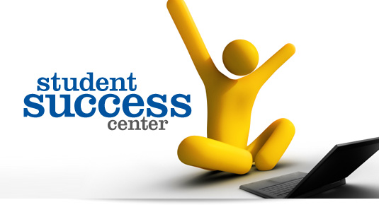 Image of a stick figure and a laptop raising his hands to express student success