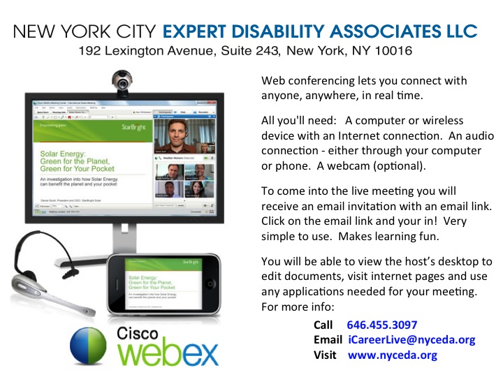 Image of a slide depicting NYCEDA Webex iCareerLive Services