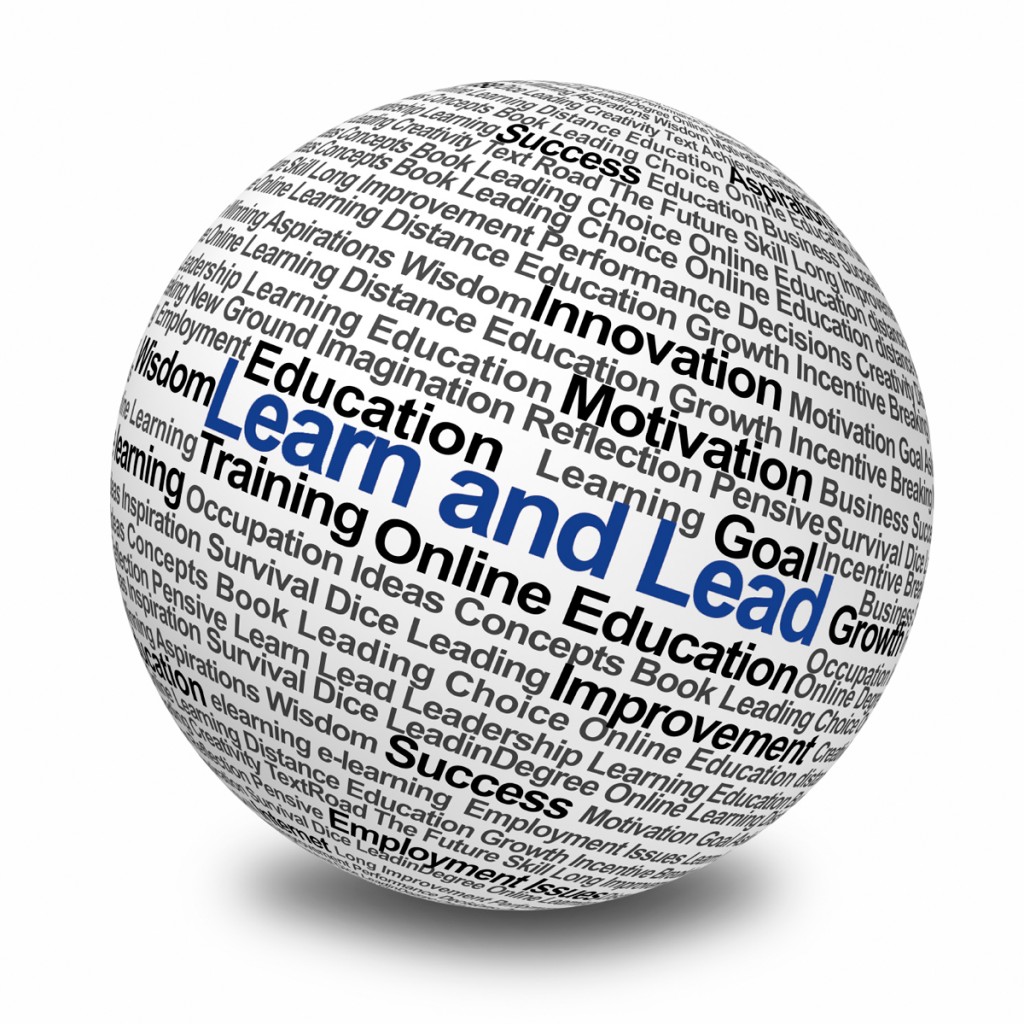 3D Image of a large ball with the words Learn and Lead written on it.