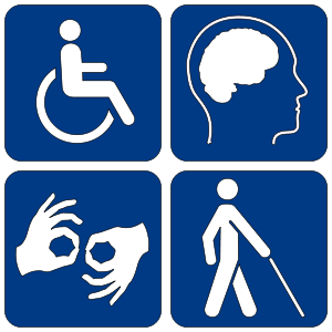 Image of four different universal accessibility icons white on blue background.