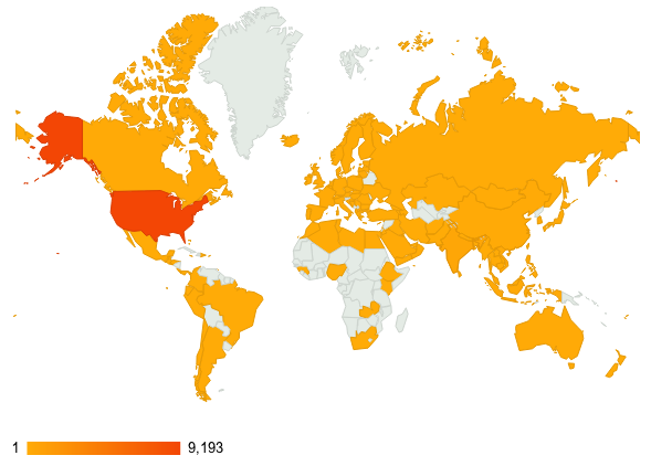 Image of world map indicating in oragnge hues number of visitors to the nyceda.org website